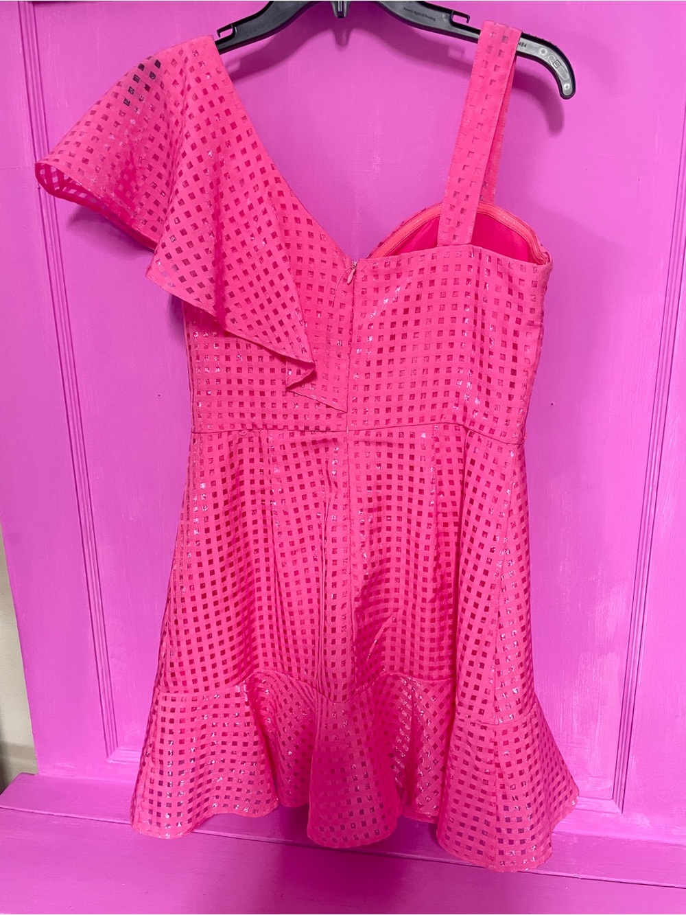 One-Shoulder Ruffle Eyelet Mini Dress in Hot Pink - Picture 4 of 4